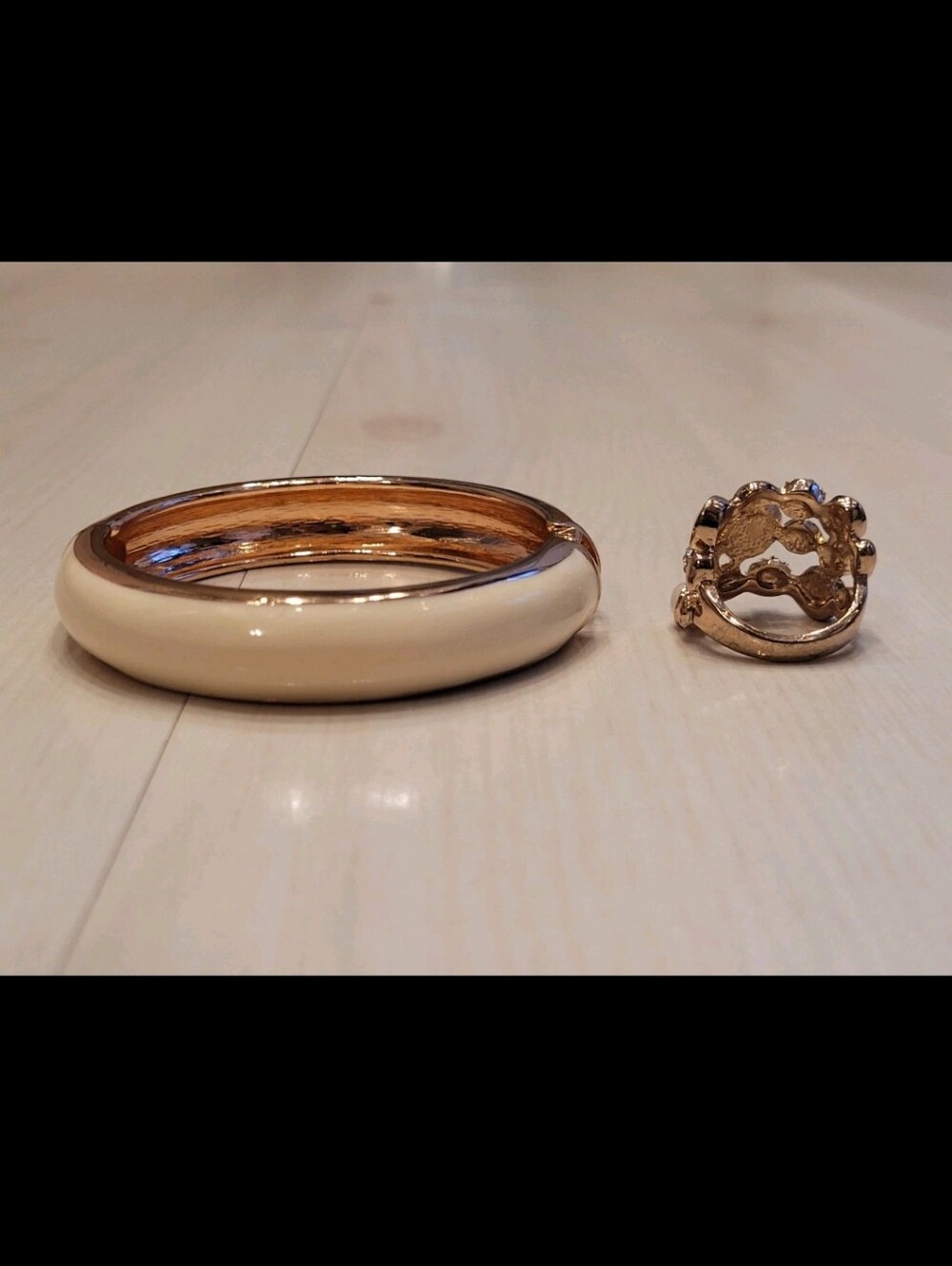 Rose Gold Colored Rhinestone Cream Bangle & Ring Set - Picture 2 of 6